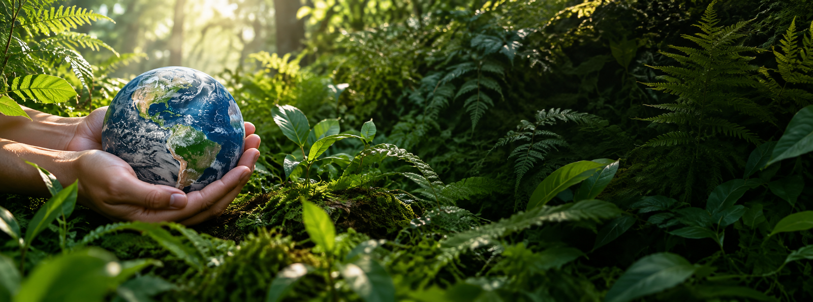 Hands holding the Earth amid greenery